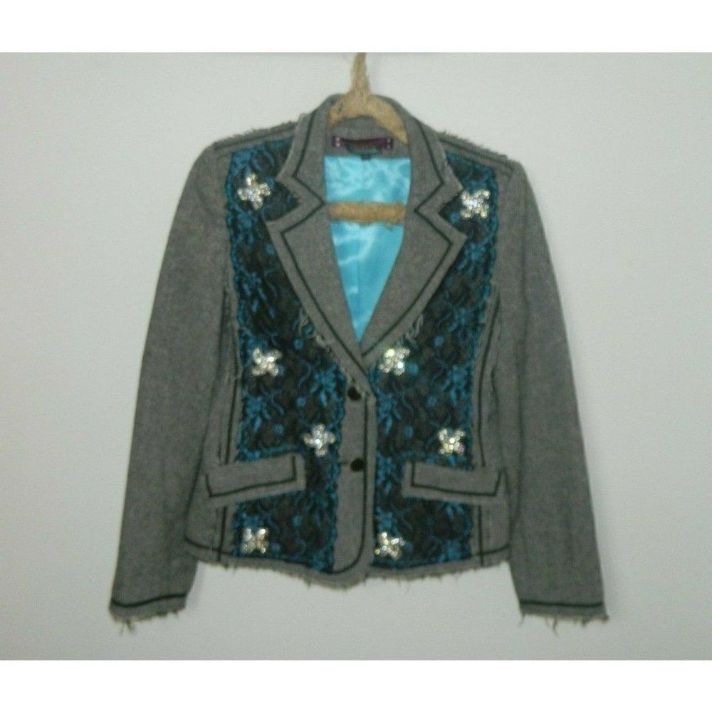Spy Zone Exchange Blazer Tweed Gray‎ Black Rhinestone Lace Overlay Medium